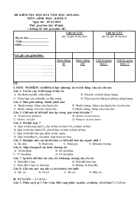 Đề kiểm tra học kì I - Năm học 2015-2016 môn  sinh học , khối 8